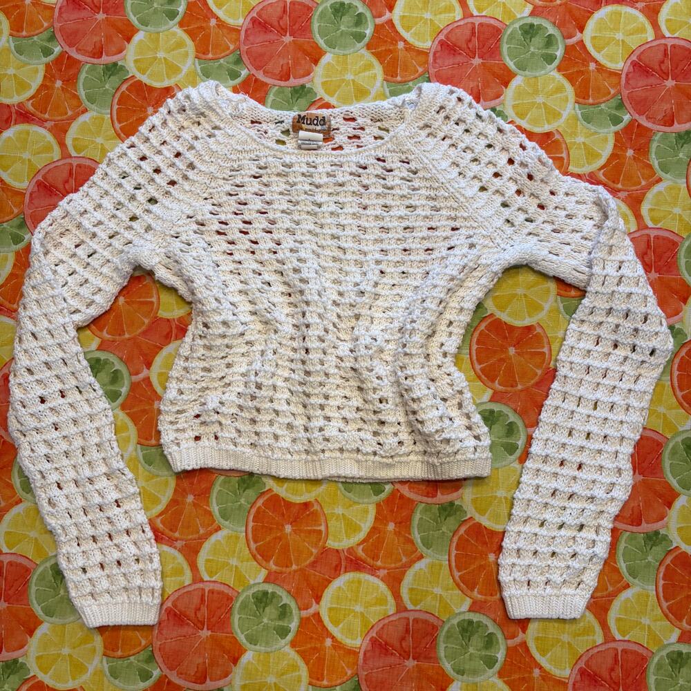 Vintage Y2K Mudd Cream Open Knit Cropped Sweater L